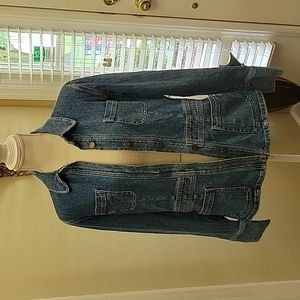 Jones Sport denim blue jean jacket long sleeve stretch fitted size Medium EUC…